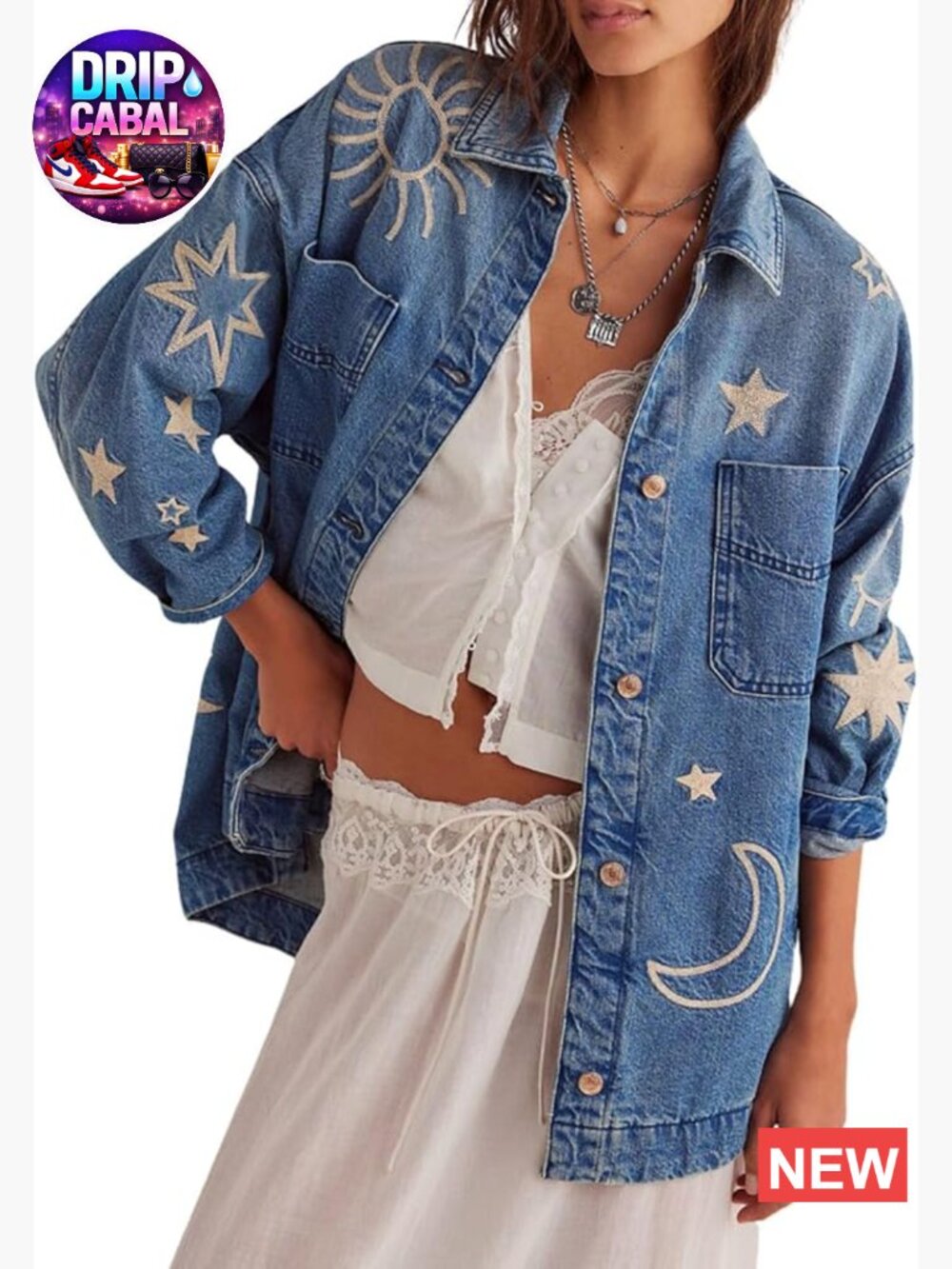 Vintage Oversized Denim Jacket Embroidered Graphic Casual Loose Fit Button Down